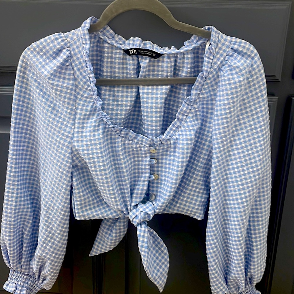 Zara- blue and white gingham crop top XS